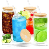 Glass Cups with Bamboo Lids and Straws  16 oz water bottles in bulk - 4 pack Clear